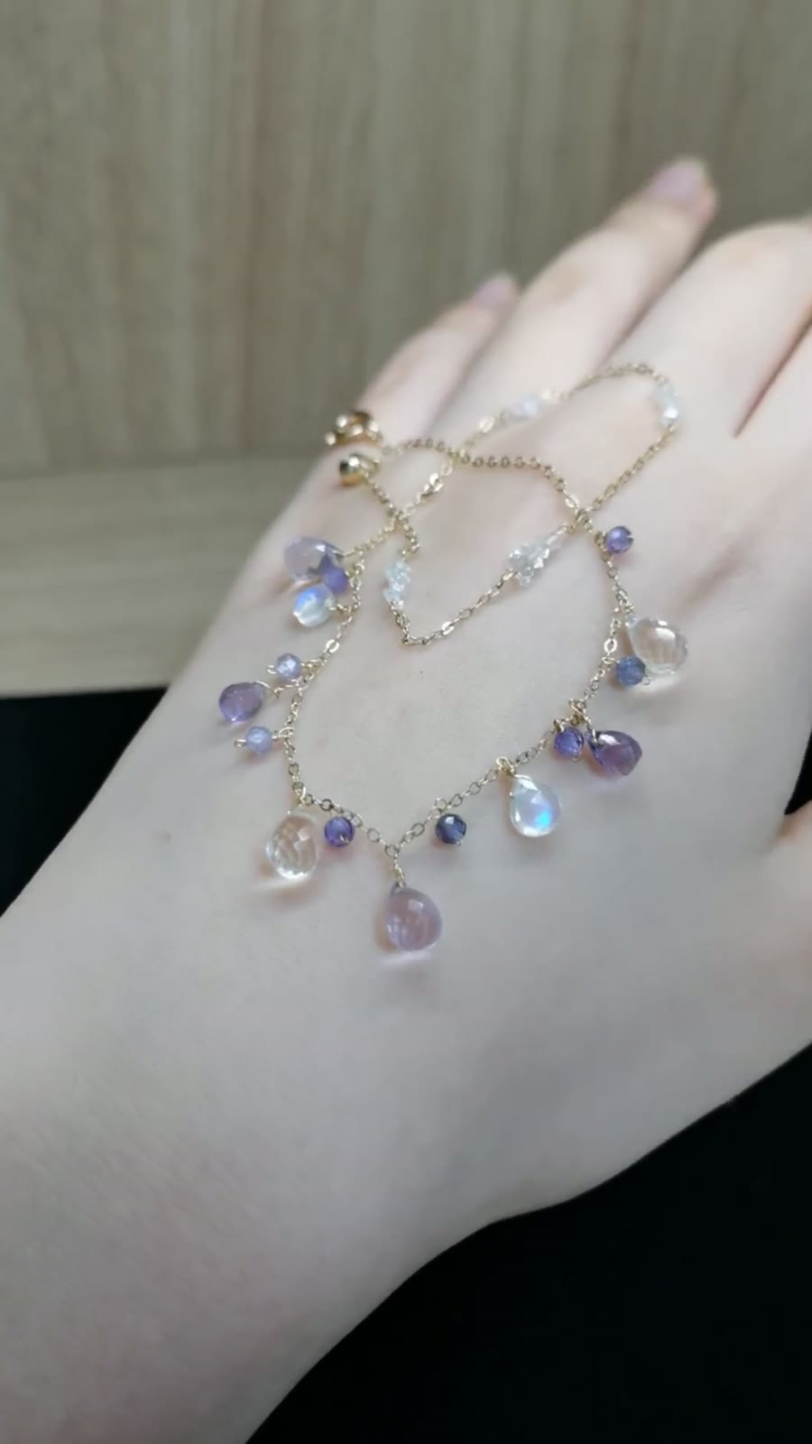 Bracelet améthyste, diamant de Herkimer et pierre de lune en or rempli
