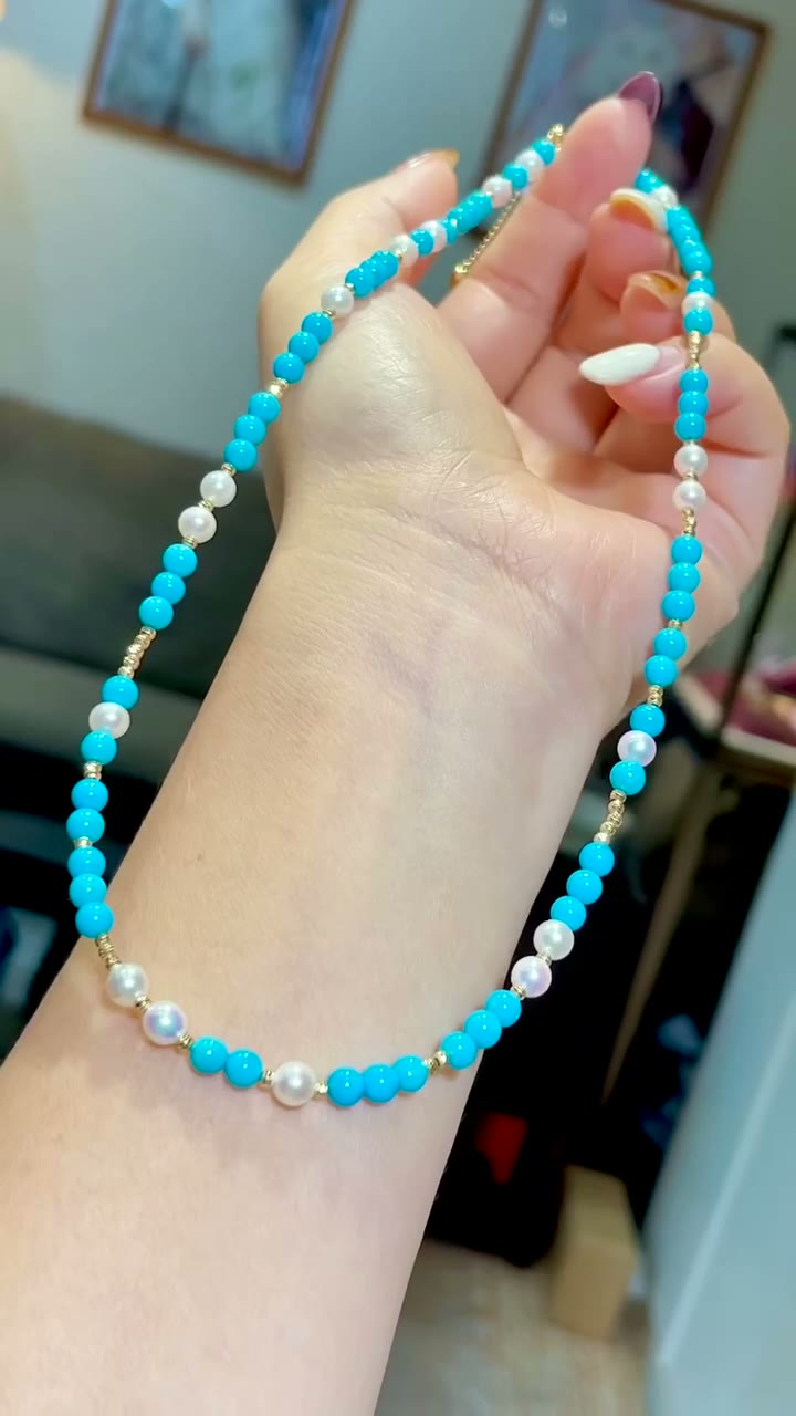 Turquoise Pearl Necklace 18K Gold Accent
