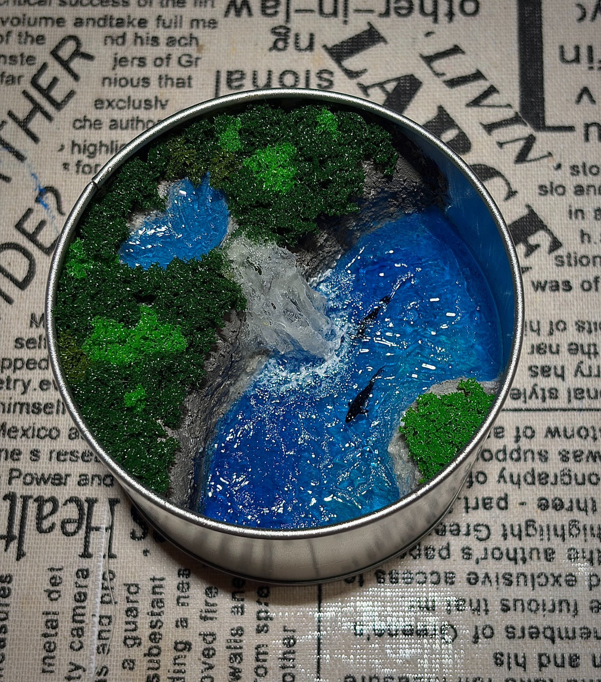 Miniature Dolphin Waterfall Diorama in Tin