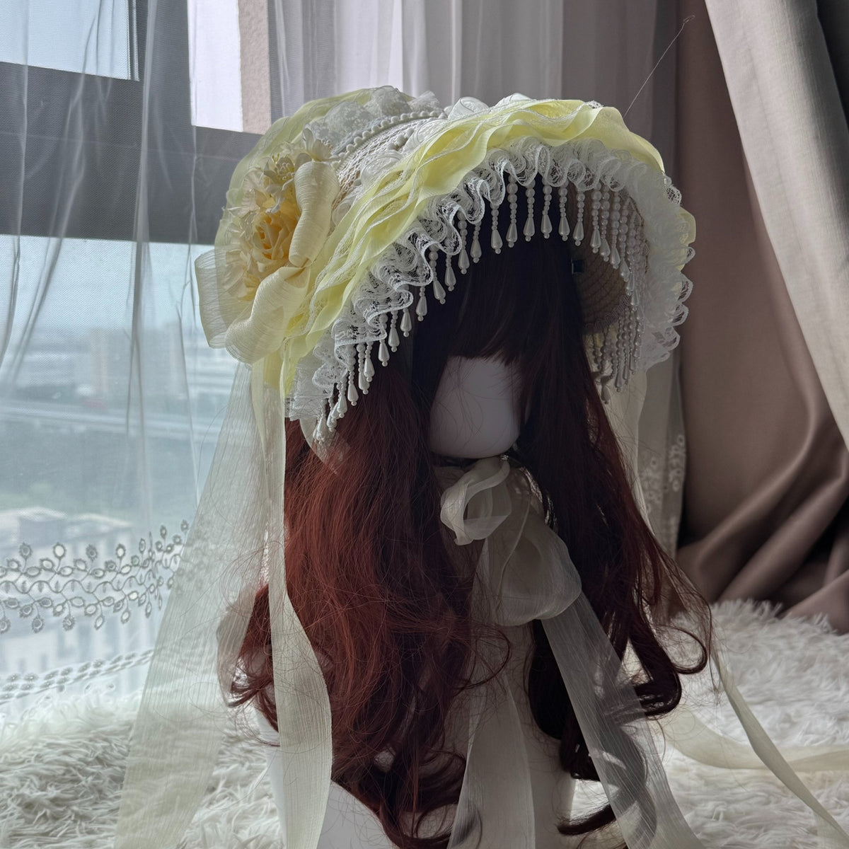 Handmade Straw Bonnet with Pearl Fringe