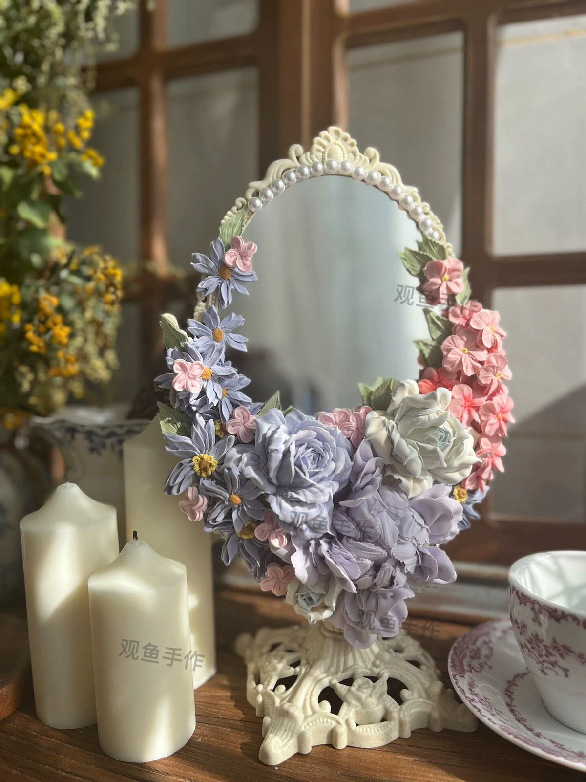 Handcrafted Clay Flower Oval Mirror