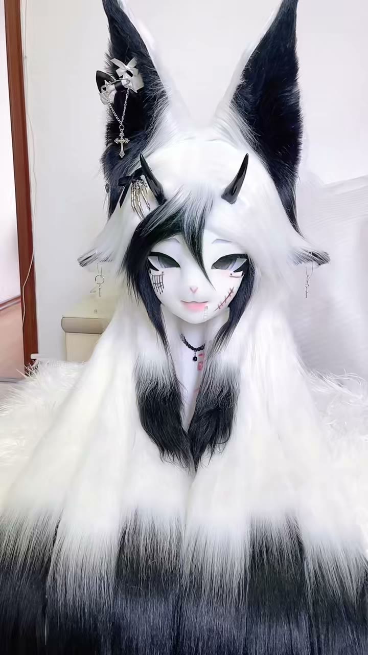 Furry Beast Head Cowl Zwart-wit Vacht