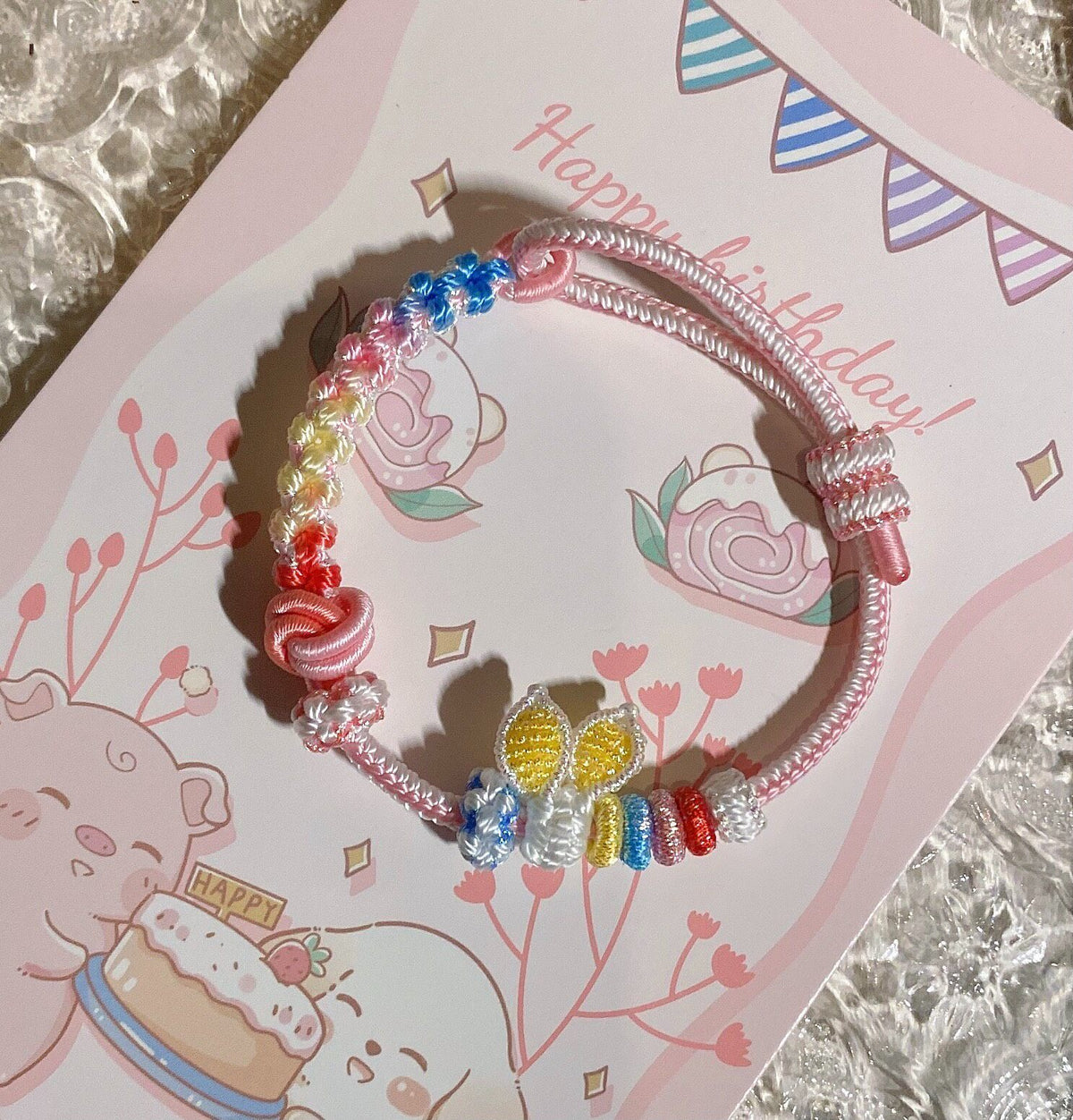 Woven Rabbit Ear Bracelet with Rainbow Knots