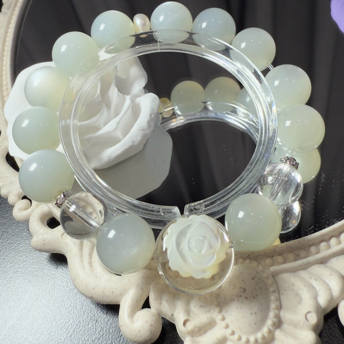 Grüner Mondstein Weiß Kristall Rosenarmband