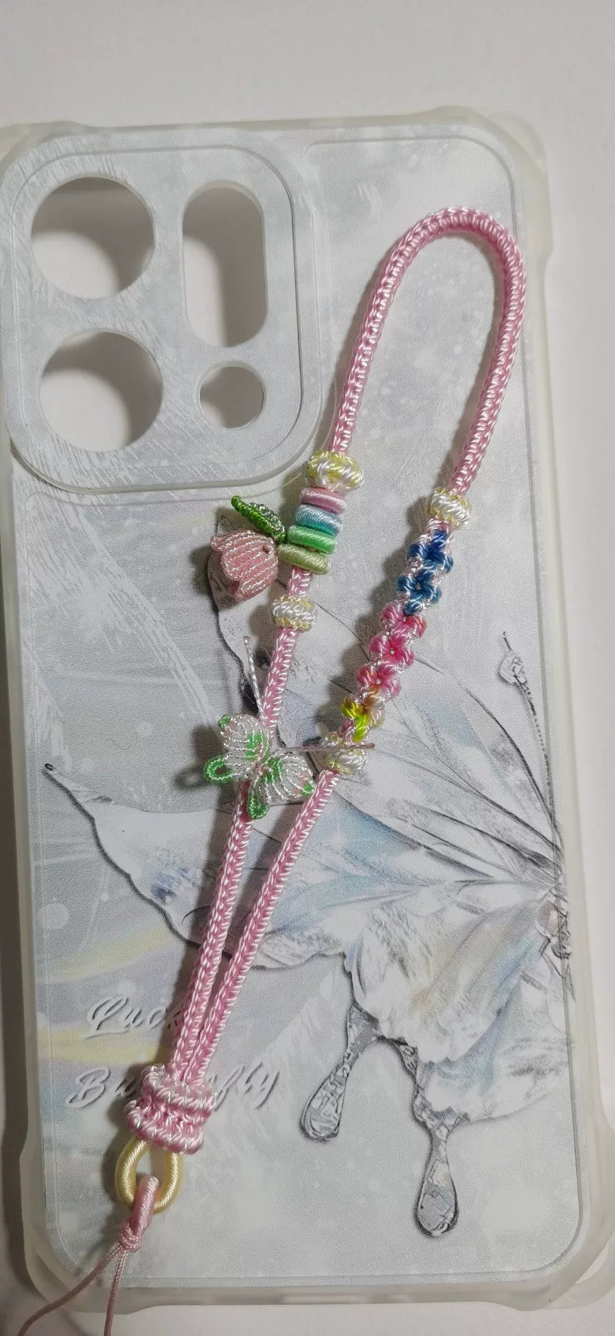 Lanyard artesanal para móvil de cordón trenzado rosa