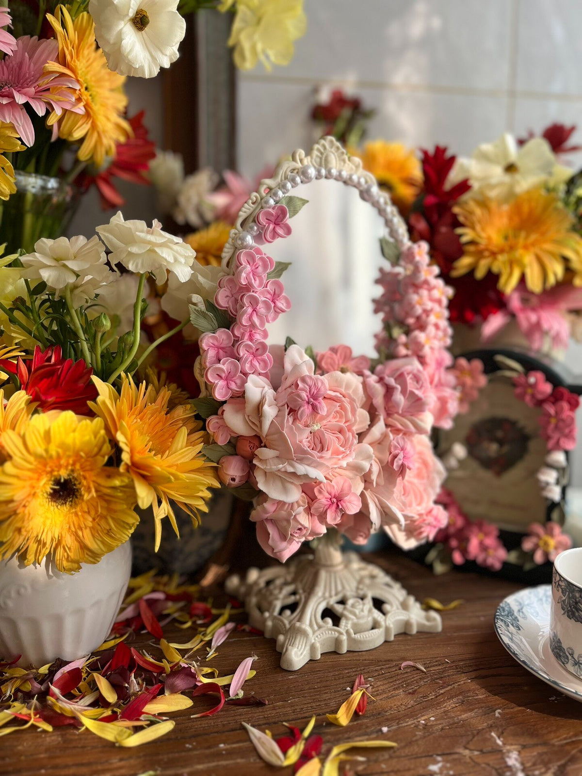 Clay Flower Decorated Oval Tabletop Mirror