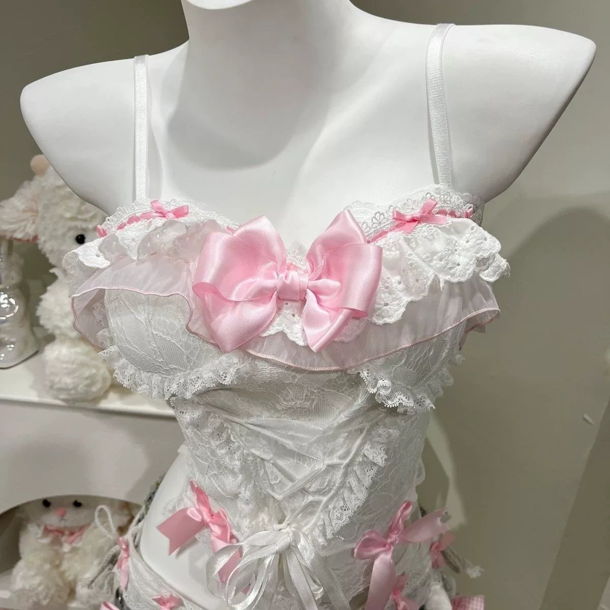 Pink White Lace Bow Cami Shorts Set