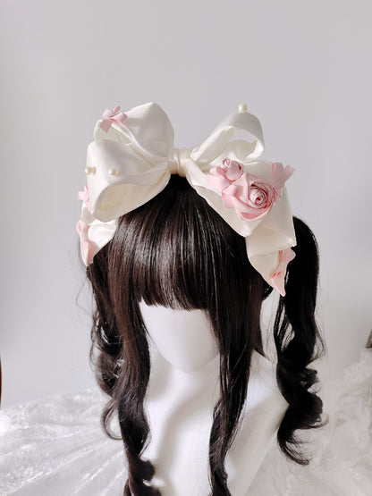 Satin Bow Headband with Fabric Roses and Pearl Accents