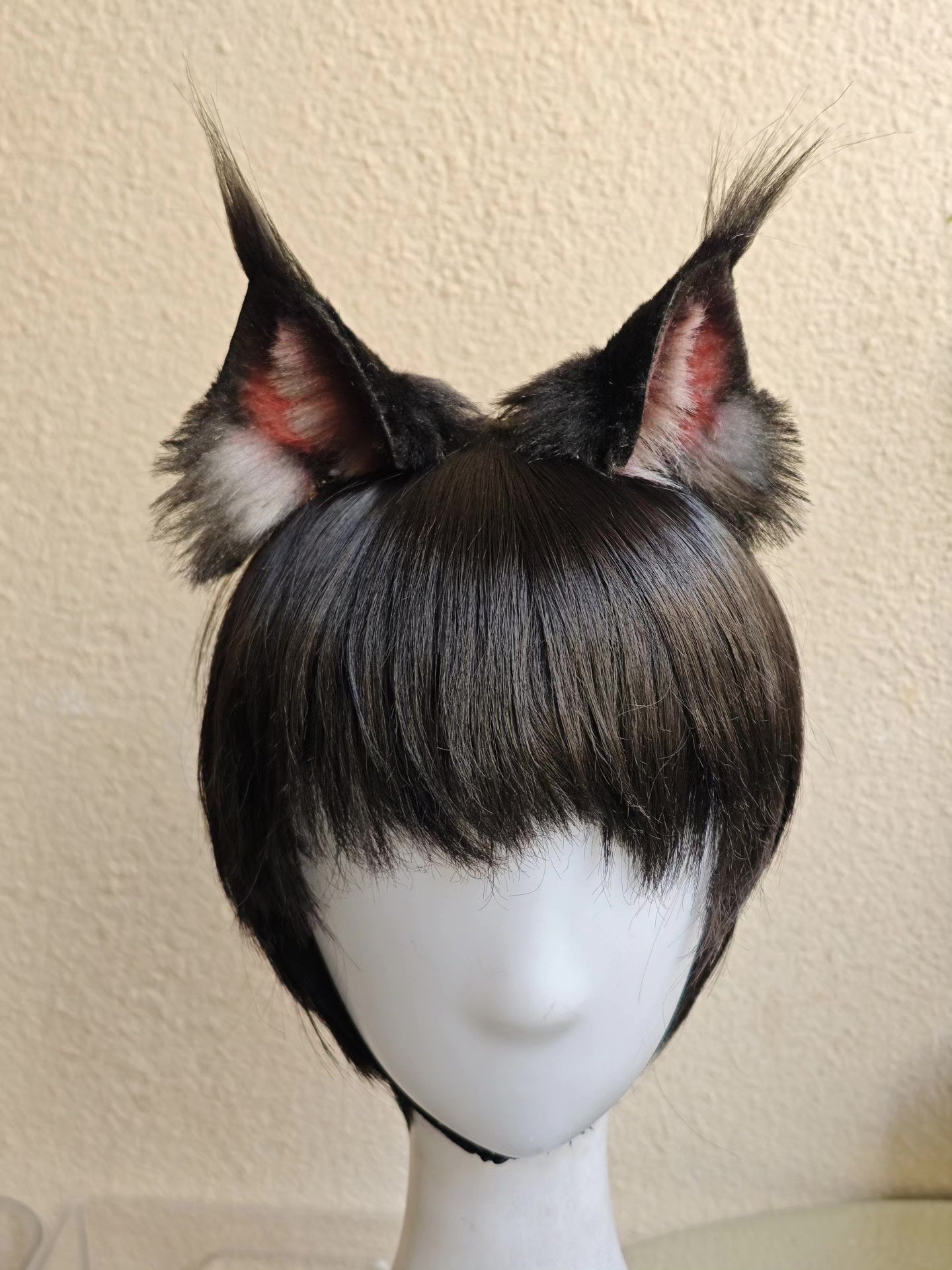 Handcrafted Maine Coon Cat Ears with Black Fur and Pink Inner Detail