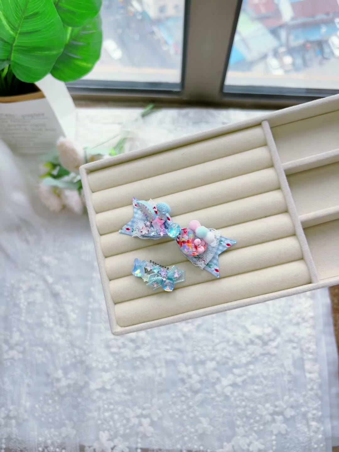 Handcrafted Blue Pet Hair Bow Clip Set