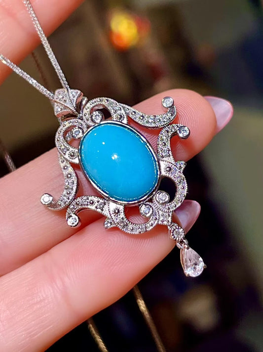 Pt950 Platinum Pendant with Oval Sleeping Beauty Turquoise 5.37ct and Diamond Pavé