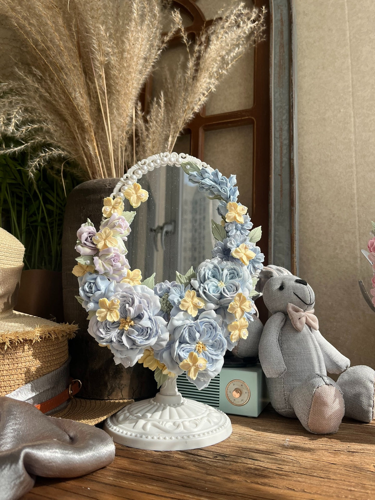 Clay Floral Decorated Tabletop Mirror