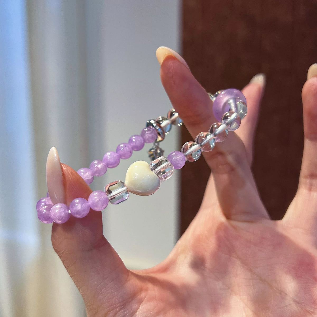 S925 Silver White Crystal Purple Chalcedony Beaded Bracelet