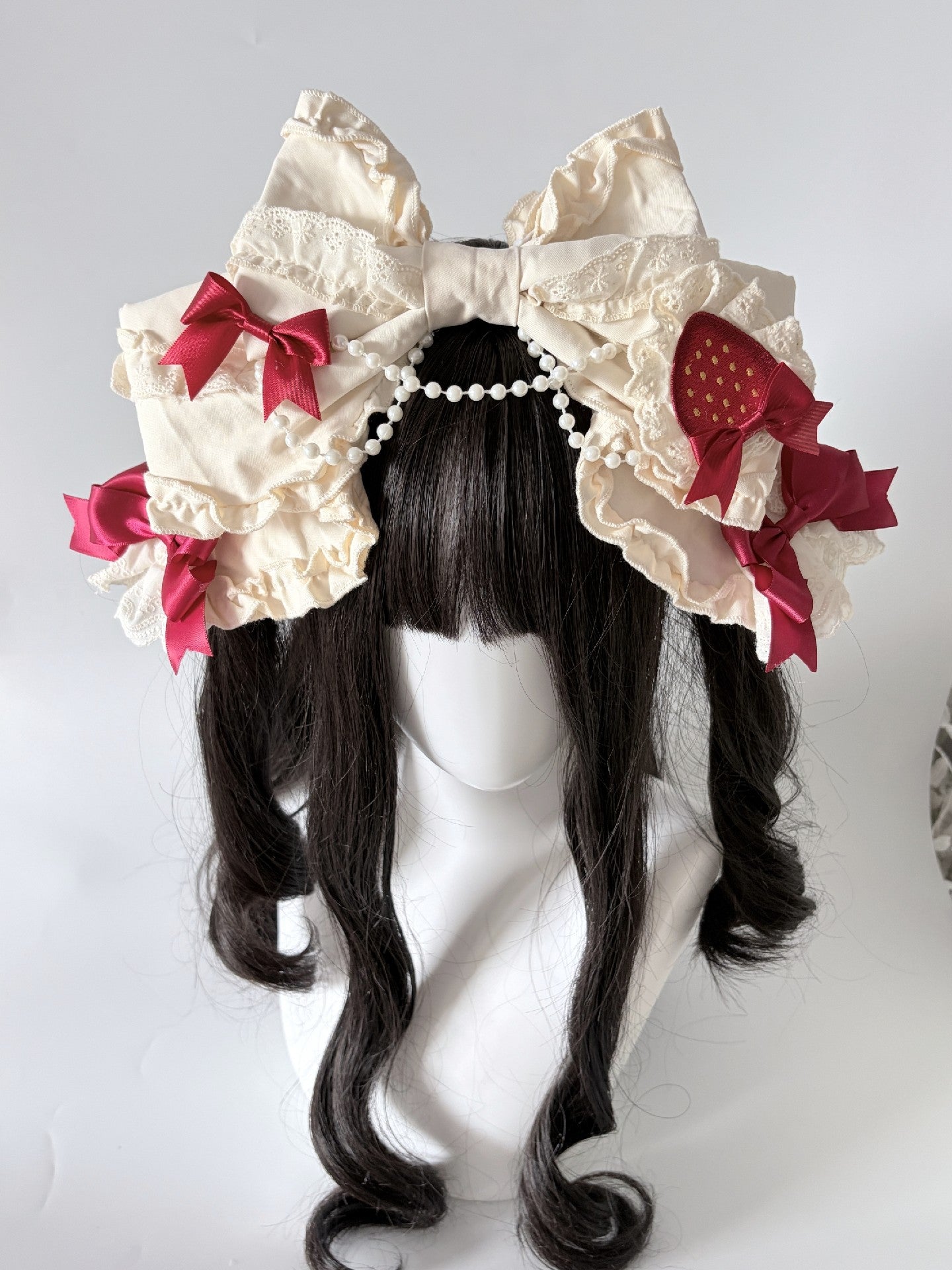 Lolita Cream Bow Headband with Detachable Strawberry Brooch