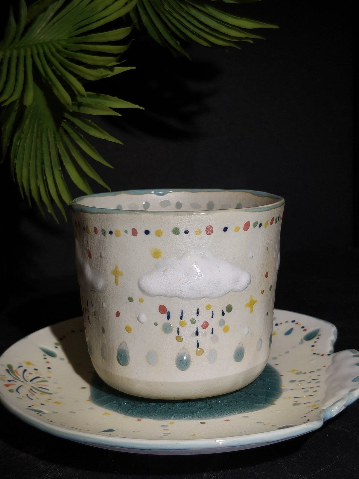Handpainted Cloud Rain Ceramic Cup with Saucer
