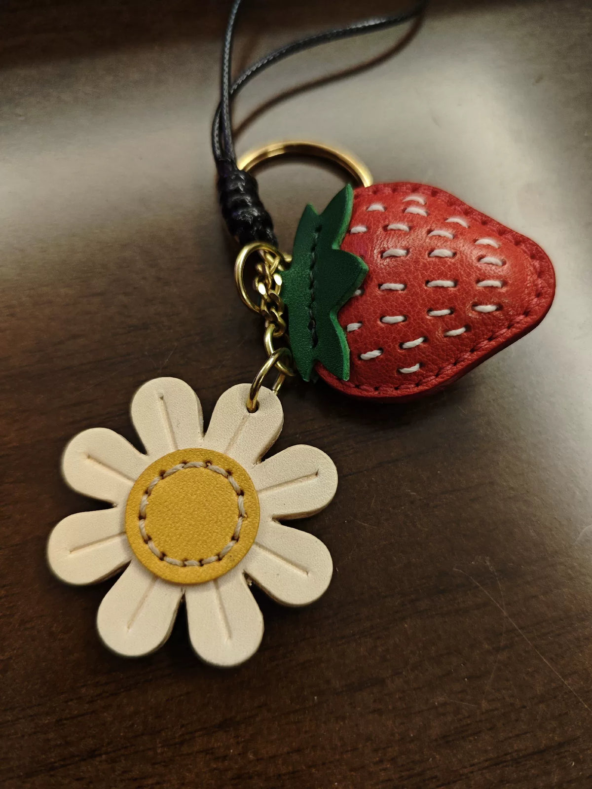 Handmade Strawberry Daisy Leather Bag Charm Keyring