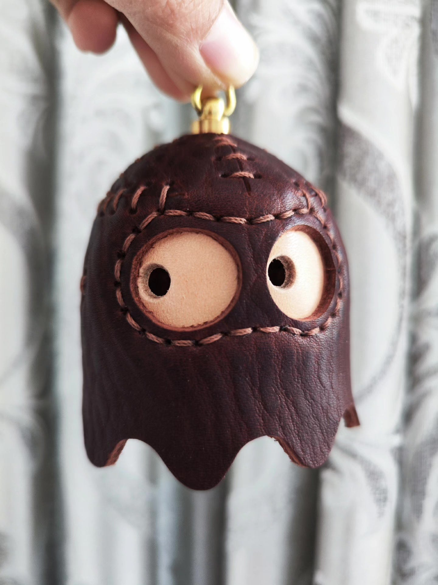 Ghost-Shaped Leather Pendant with Brass Ring and Leather Cord
