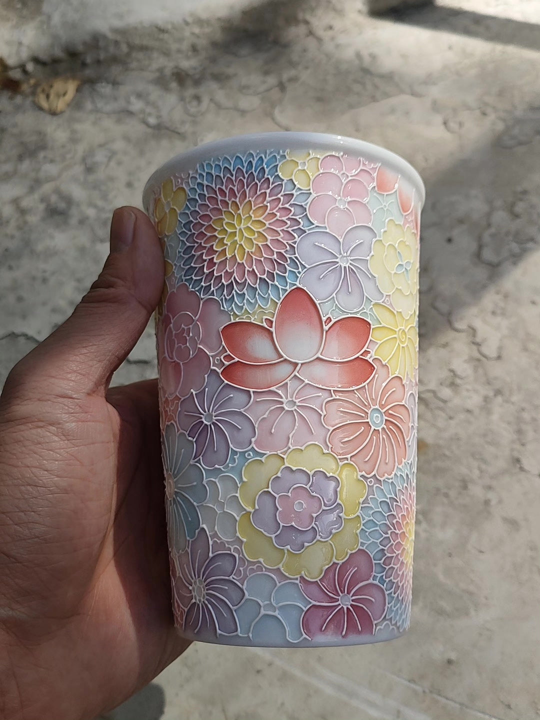 Tall Jade Clay Hand Painted Floral Mug