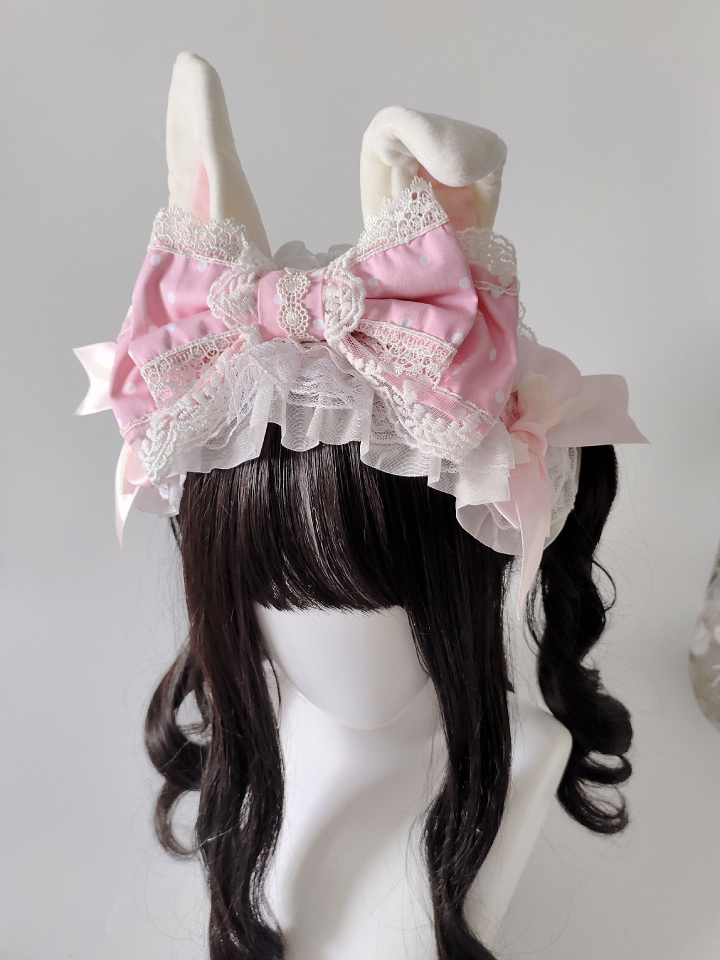 Pink and White Lolita Rabbit Ear Headband with Polka Dot Bow