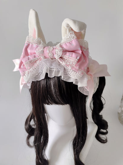 Pink and White Lolita Rabbit Ear Headband with Polka Dot Bow