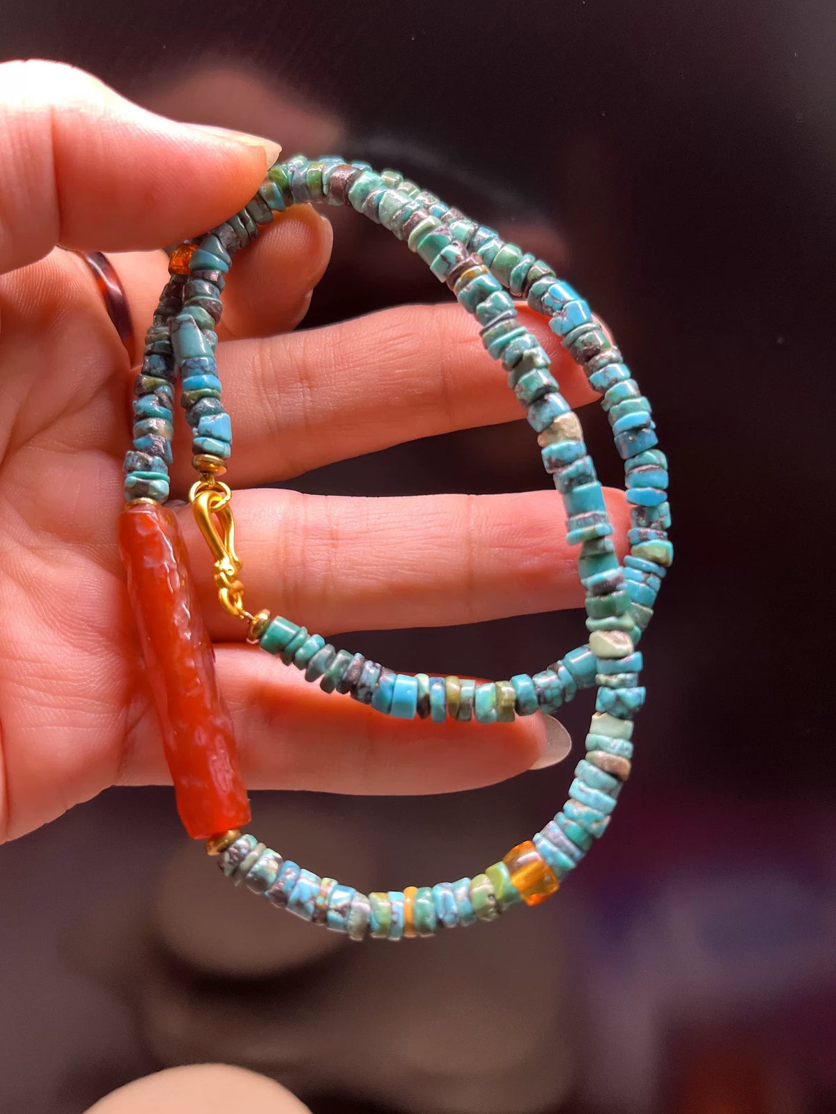 Colier en turquoise naturel du Hubei et agate d'Asie de l'Ouest