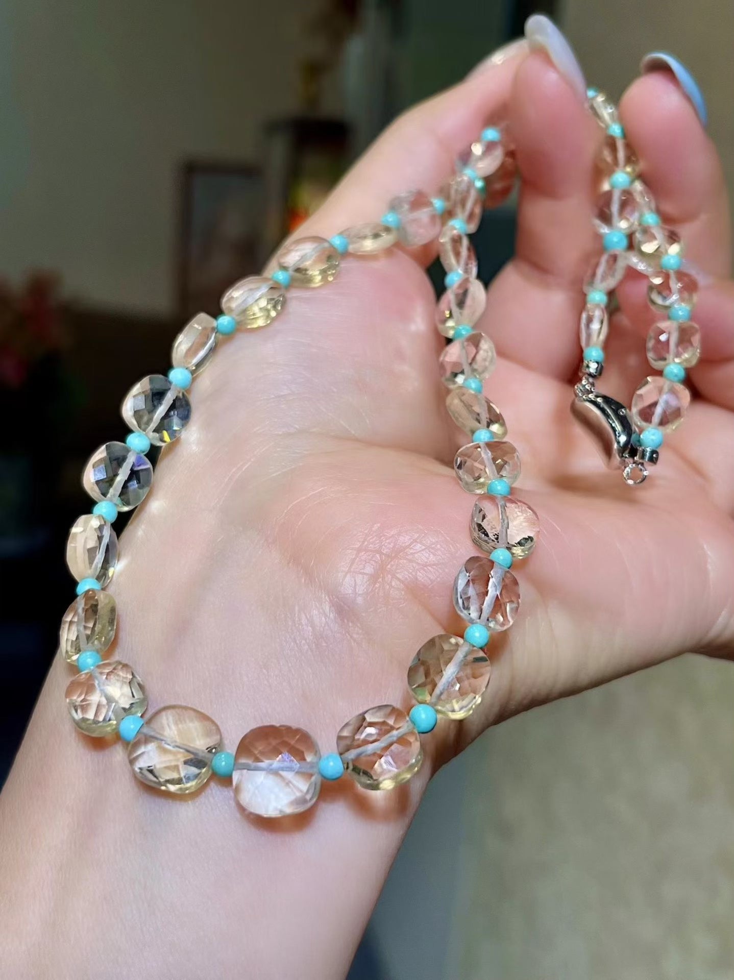 Faceted Yellow Quartz and Turquoise Beaded Necklace, 43.5cm
