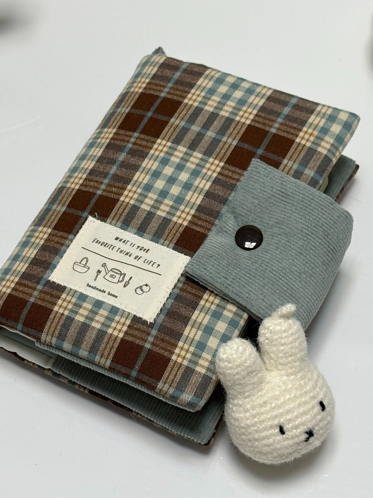 Handmade Plaid Fabric Notebook Cover with Rabbit Charm