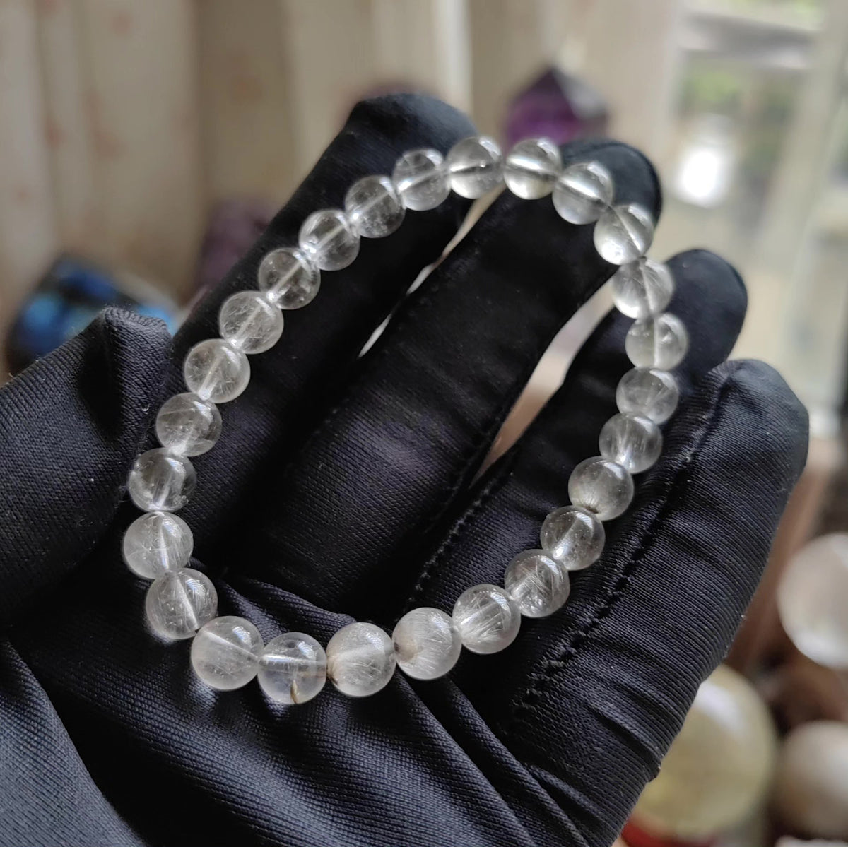 Pulseira de Contas de Quartzo Rutilado Natural Prata 6,8mm