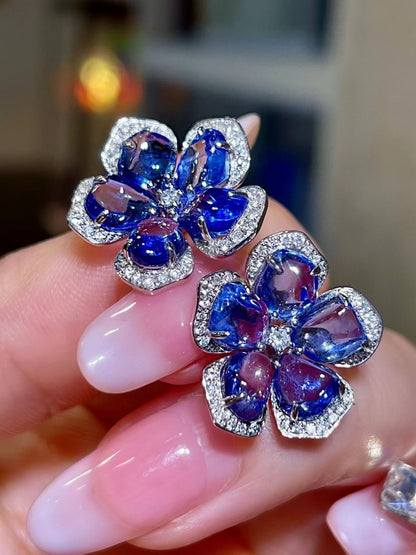 18K White Gold 11.55ct Sapphire and 0.38ct Diamond Five-Petal Flower Stud Earrings