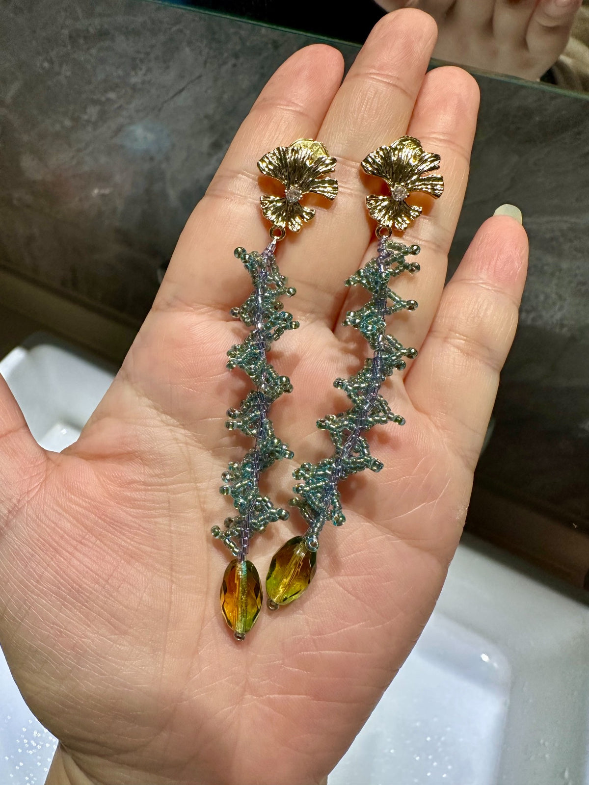 Long Beaded Tassel Earrings Ginkgo Leaf
