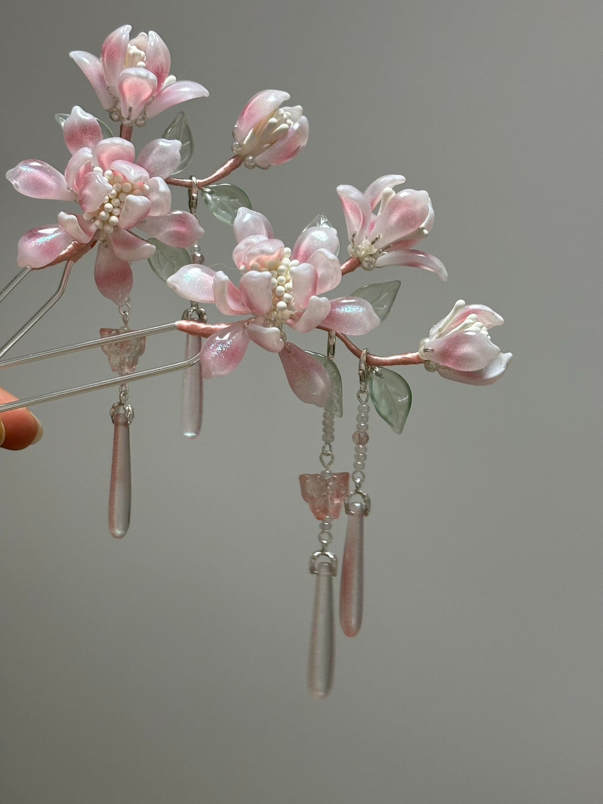 Pink Jade Magnolia Glazed Hairpin