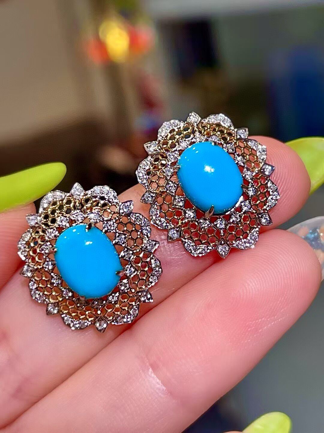 Sleeping Beauty Turquoise Diamond Lace Halo Earrings