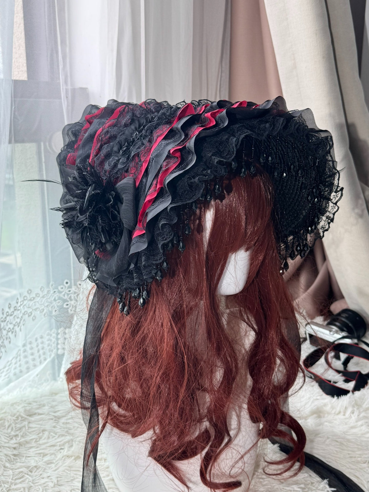 Handcrafted Lolita Flat Hat with Beaded Fringe