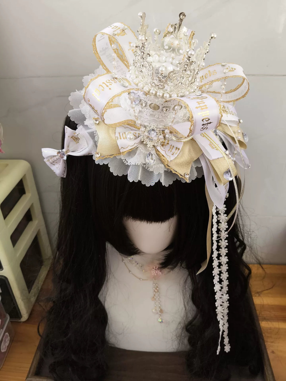 White Gold Crown Pearl Chain Lolita Hat