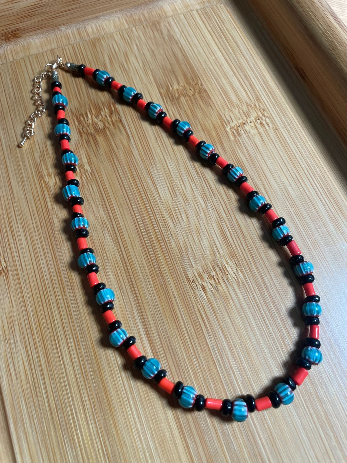 Turquoise Striped Glass Bead Necklace