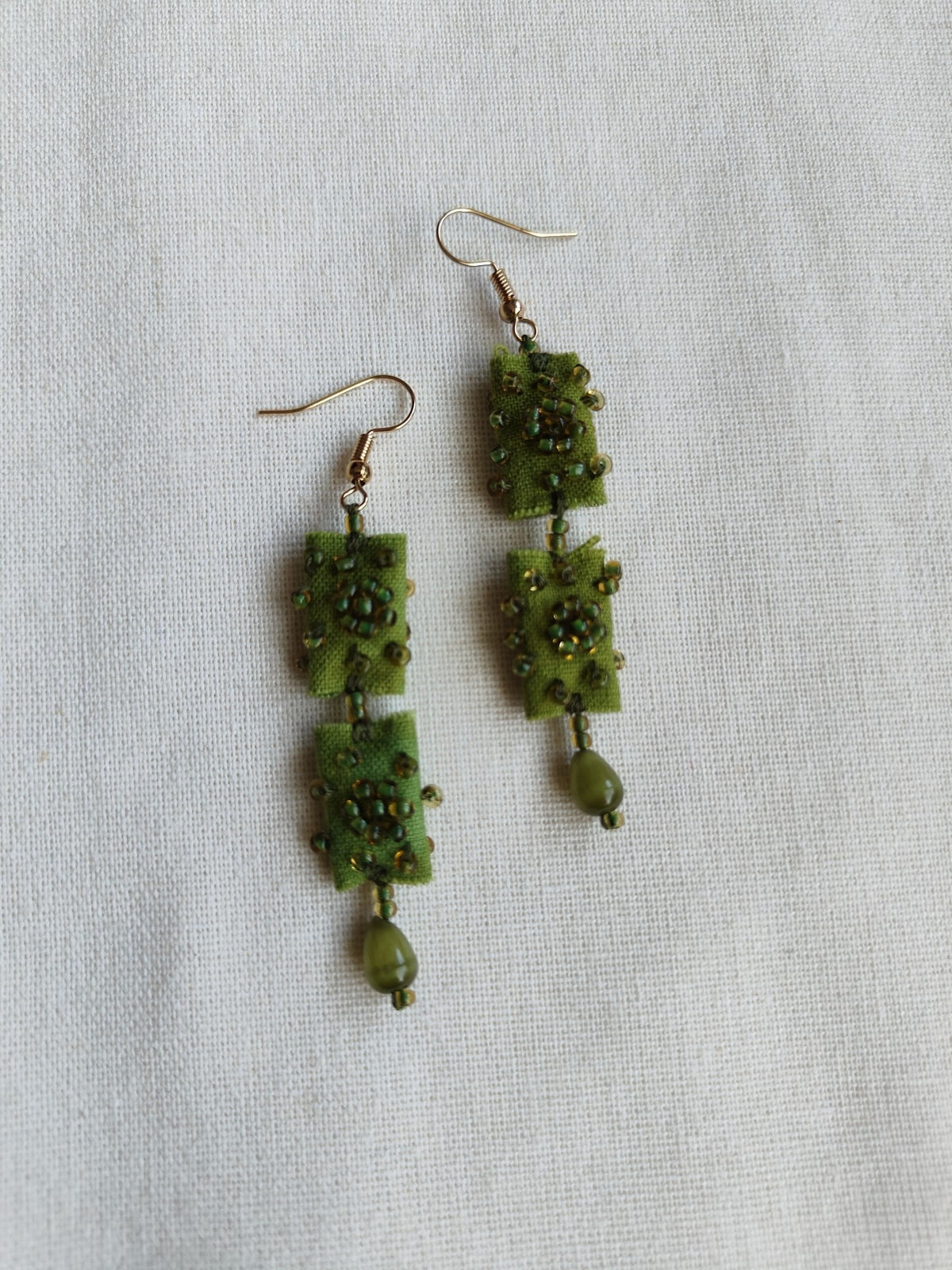 Handmade Fabric Earrings Green Beaded Tassel