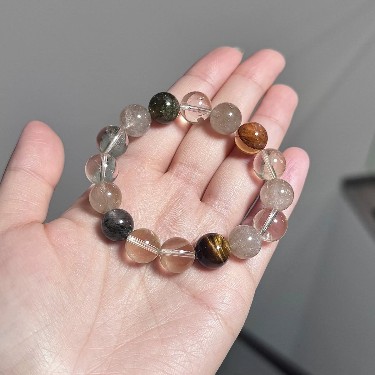Bracciale in Cristalli Quarzo Rutilato Dorato e Occhio di Tigre