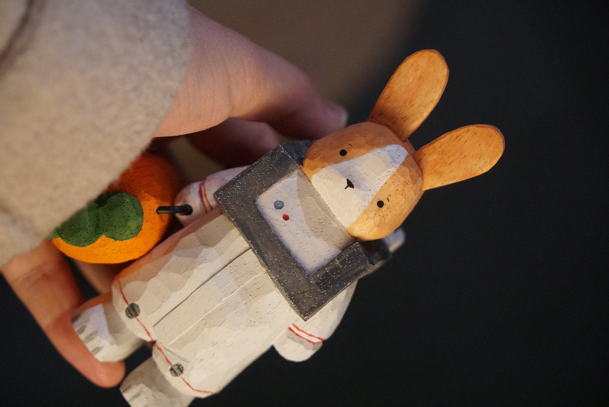 Hand Carved Wooden Astronaut Rabbit Sculpture