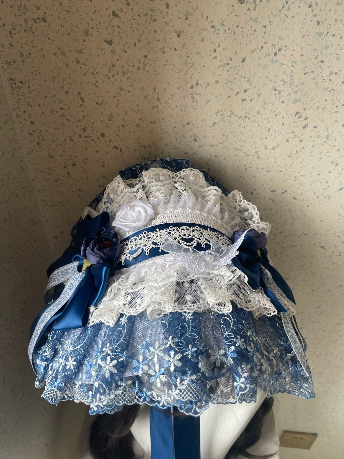 Lolita Blue White Lace Bonnet Hat