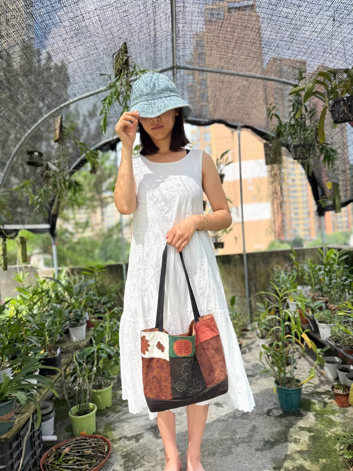 Handgakte Patchwork Tote Bag met Open Opening