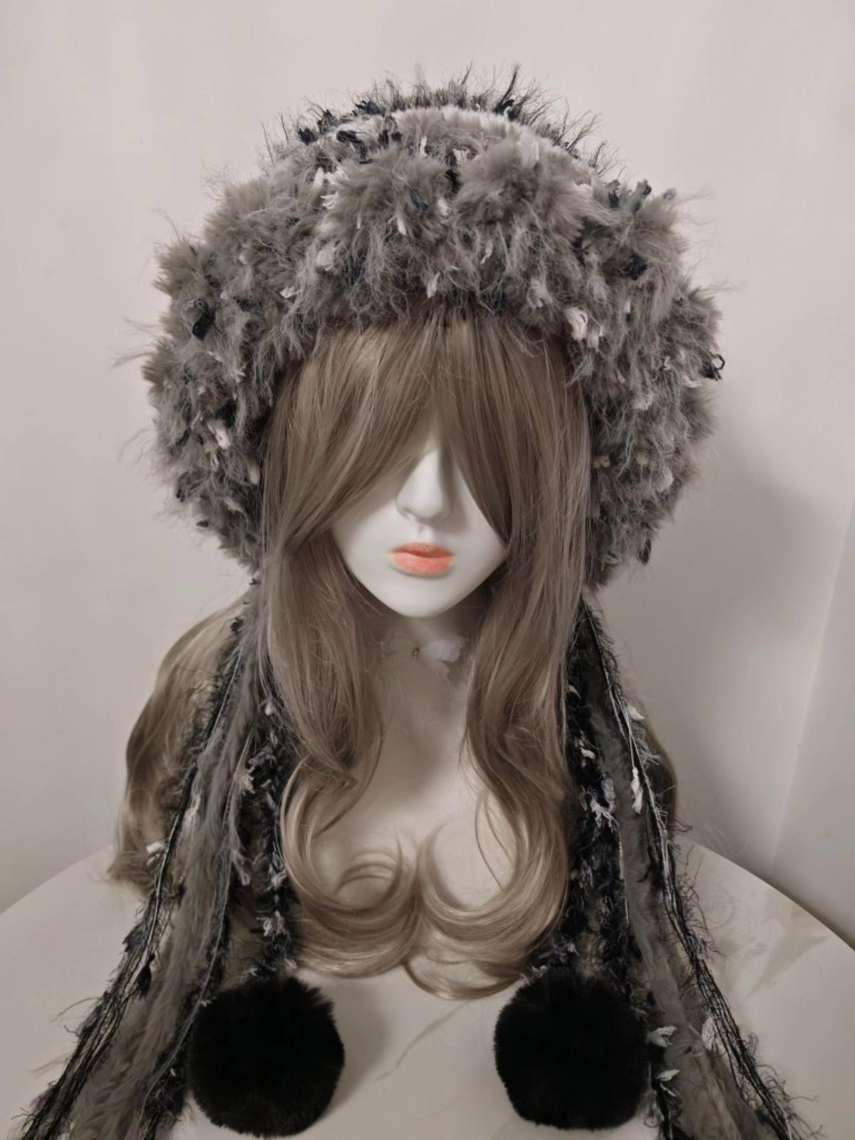 Gray Black Hooded Drawstring Headwear