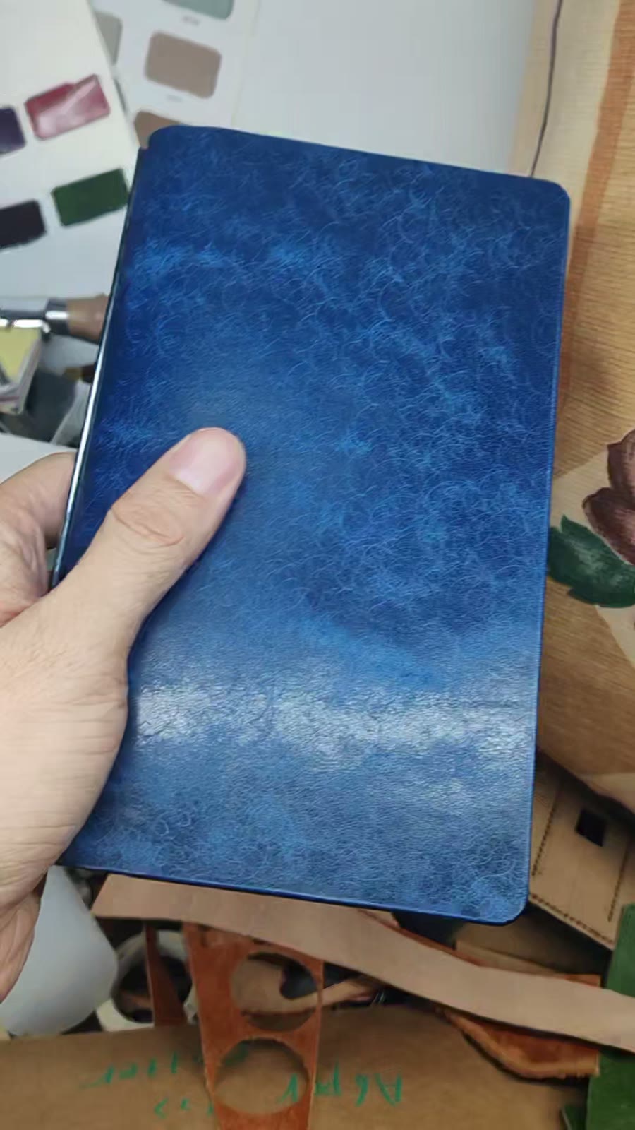 Couverture de semier A6 en cuir bleu à 6 anneaux