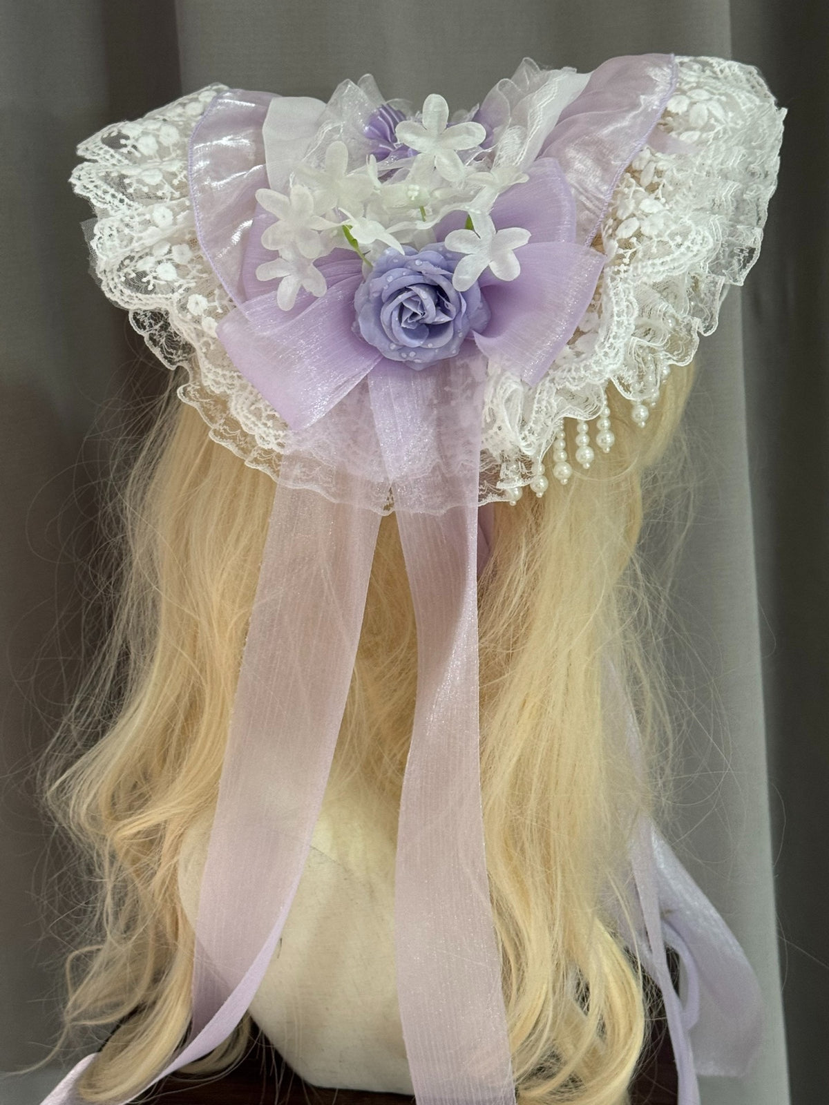Handcrafted Lolita Straw Bonnet Hat Lavender Lace