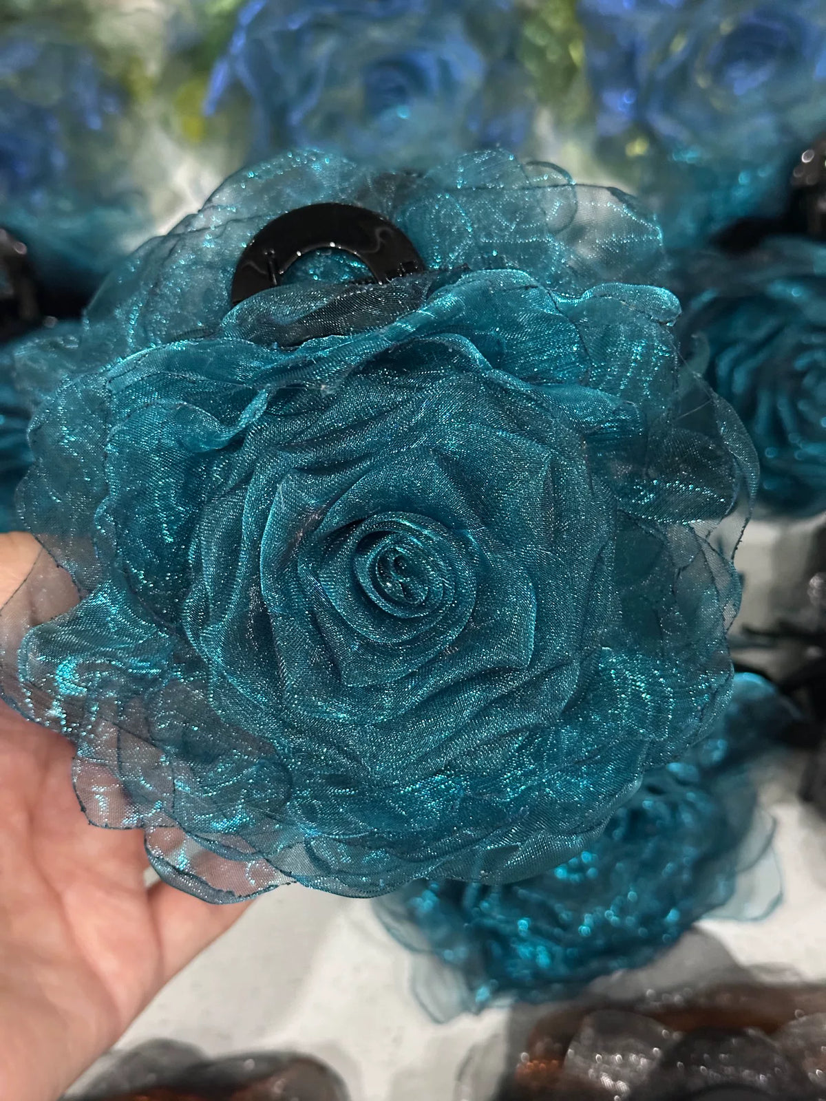 Peacock Blue Fabric Rose Hair Claw Clip