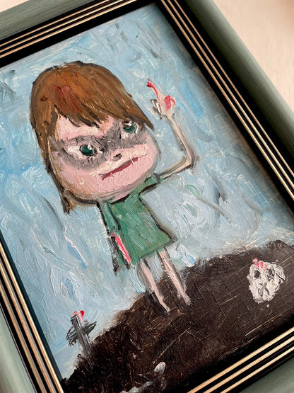 Framed Hand-Painted Oil Portrait of Child with Dark Eye Shadows