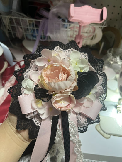 Black Pink Floral Lolita Handcrafted Hair Accessory with Lace and Ribbon