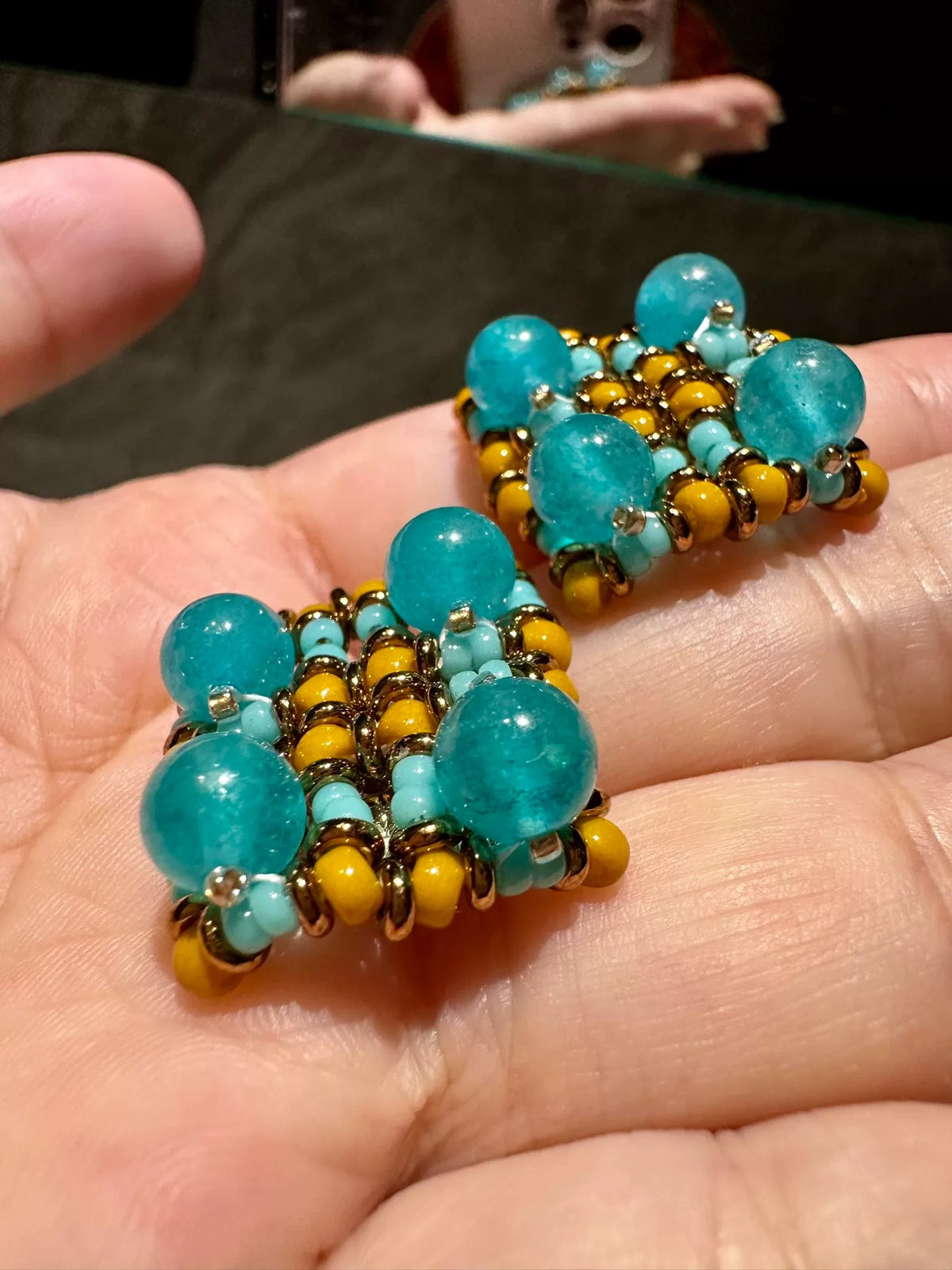 Ice Blue Amazonite Checkerboard Stud Earrings