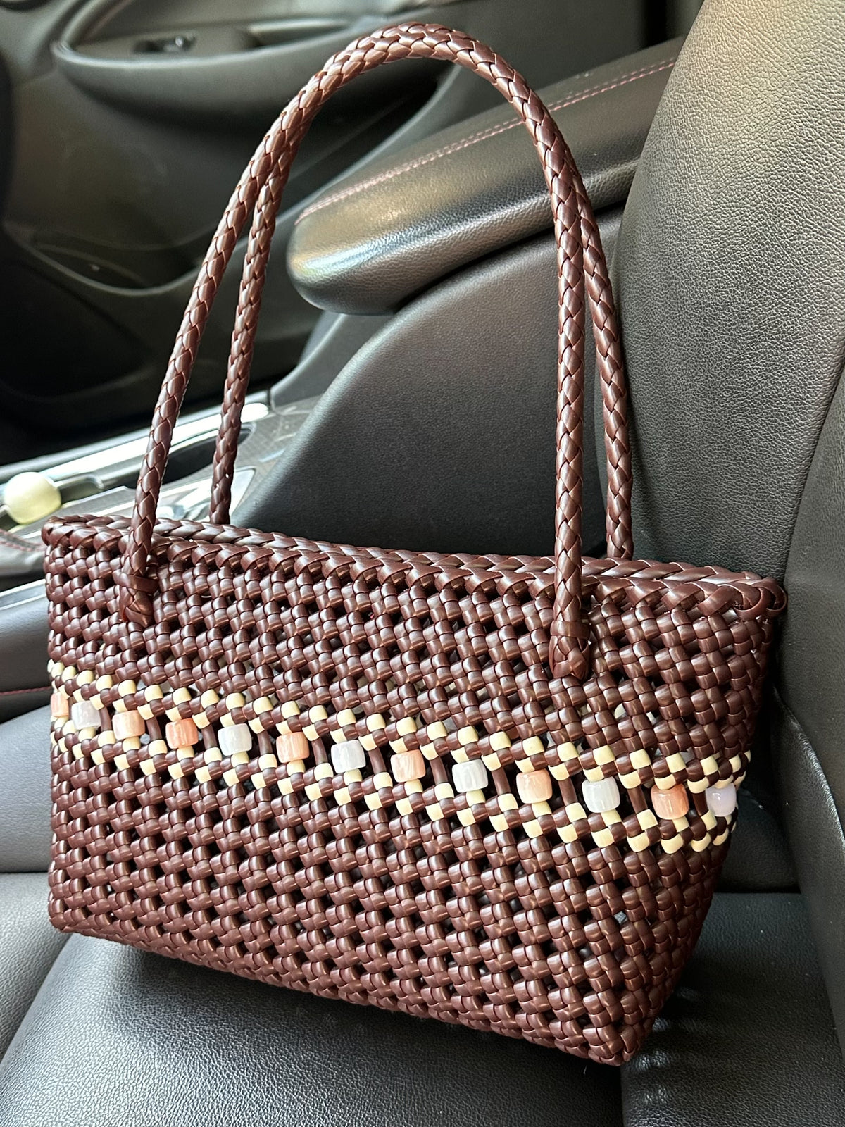 Saco Tote de Rattan Tecido à Mão Castanho-Café