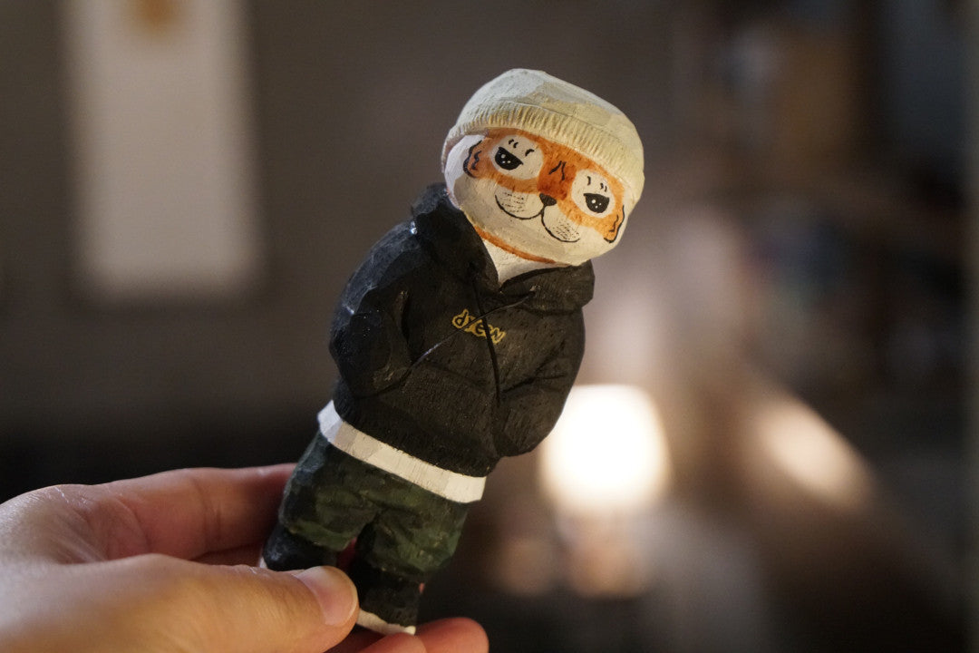Hand-Carved Wooden Tiger Sculpture in Streetwear, 11cm