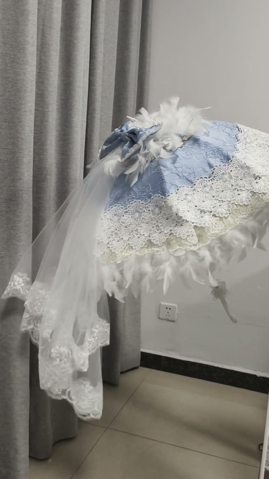 Light Blue Lolita Lace Feather Umbrella